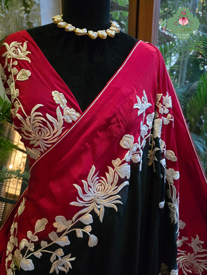 Roshana | Red & Black Pure Crepe Silk Hand Embroidered Parsi Gara Saree | Made To Order