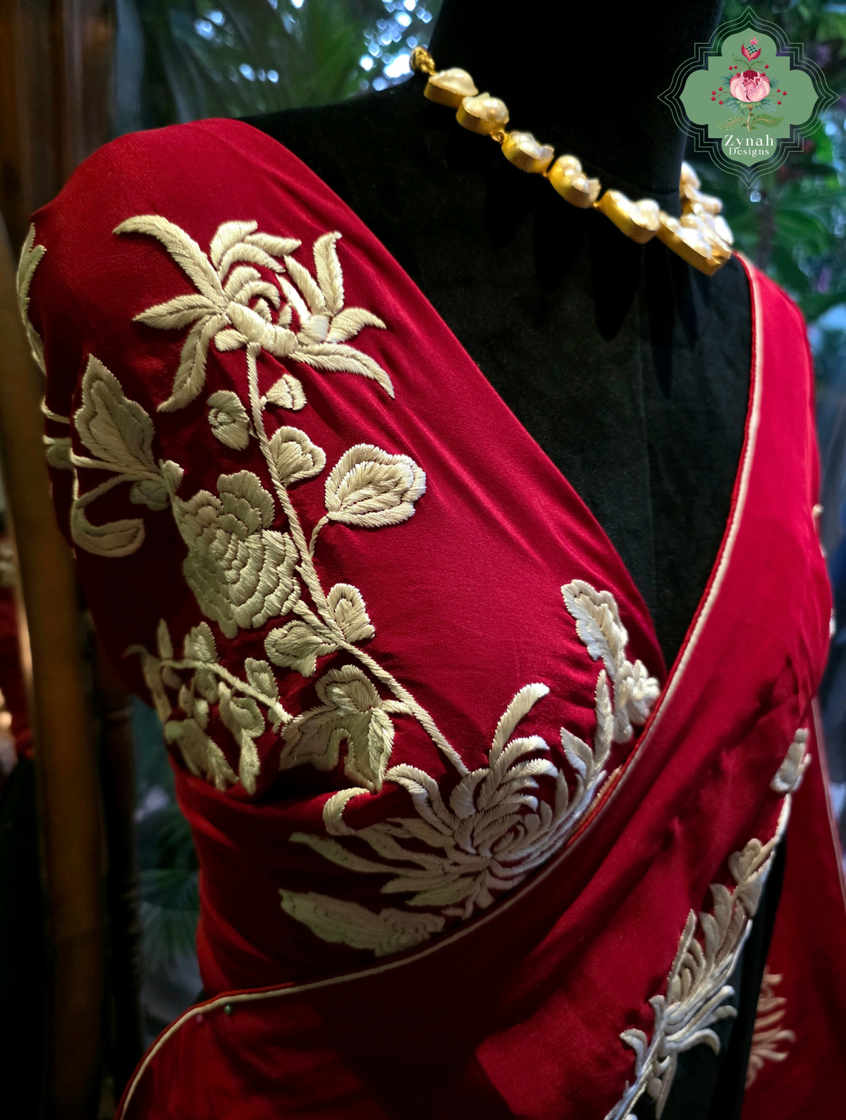 Roshana | Red & Black Pure Crepe Silk Hand Embroidered Parsi Gara Saree | Made To Order