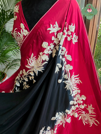 Roshana | Red & Black Pure Crepe Silk Hand Embroidered Parsi Gara Saree | Made To Order