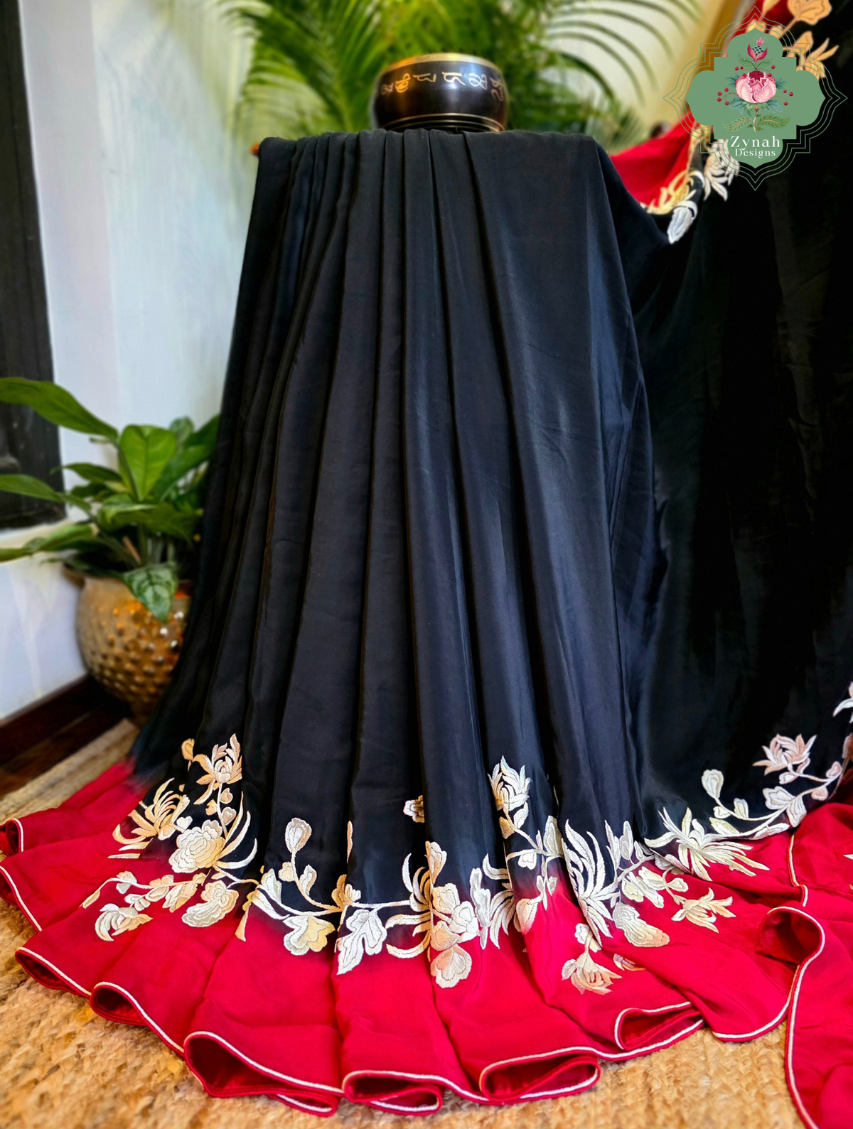 Roshana | Red & Black Pure Crepe Silk Hand Embroidered Parsi Gara Saree | Made To Order