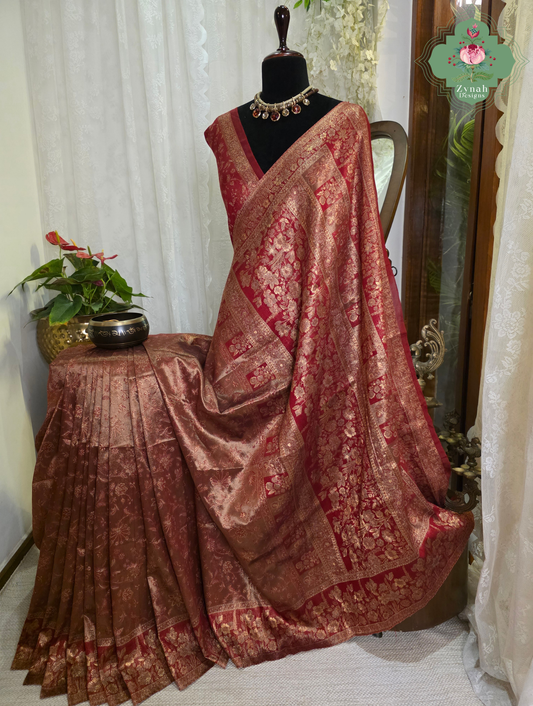 Roshini | Rosewood Red & Antique Gold Kashmiri Pure Kani Tissue Silk Jamavar Weave Saree | Made To Order