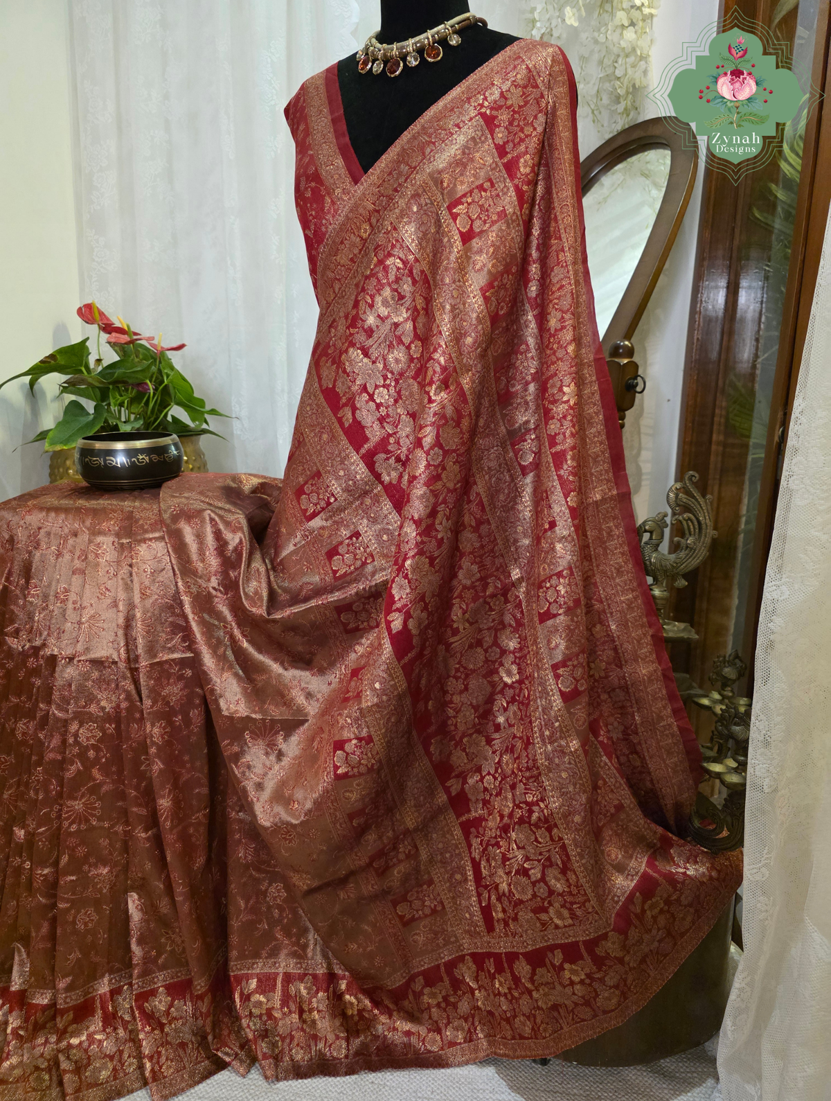 Roshini | Rosewood Red & Antique Gold Kashmiri Pure Kani Tissue Silk Jamavar Weave Saree | Made To Order