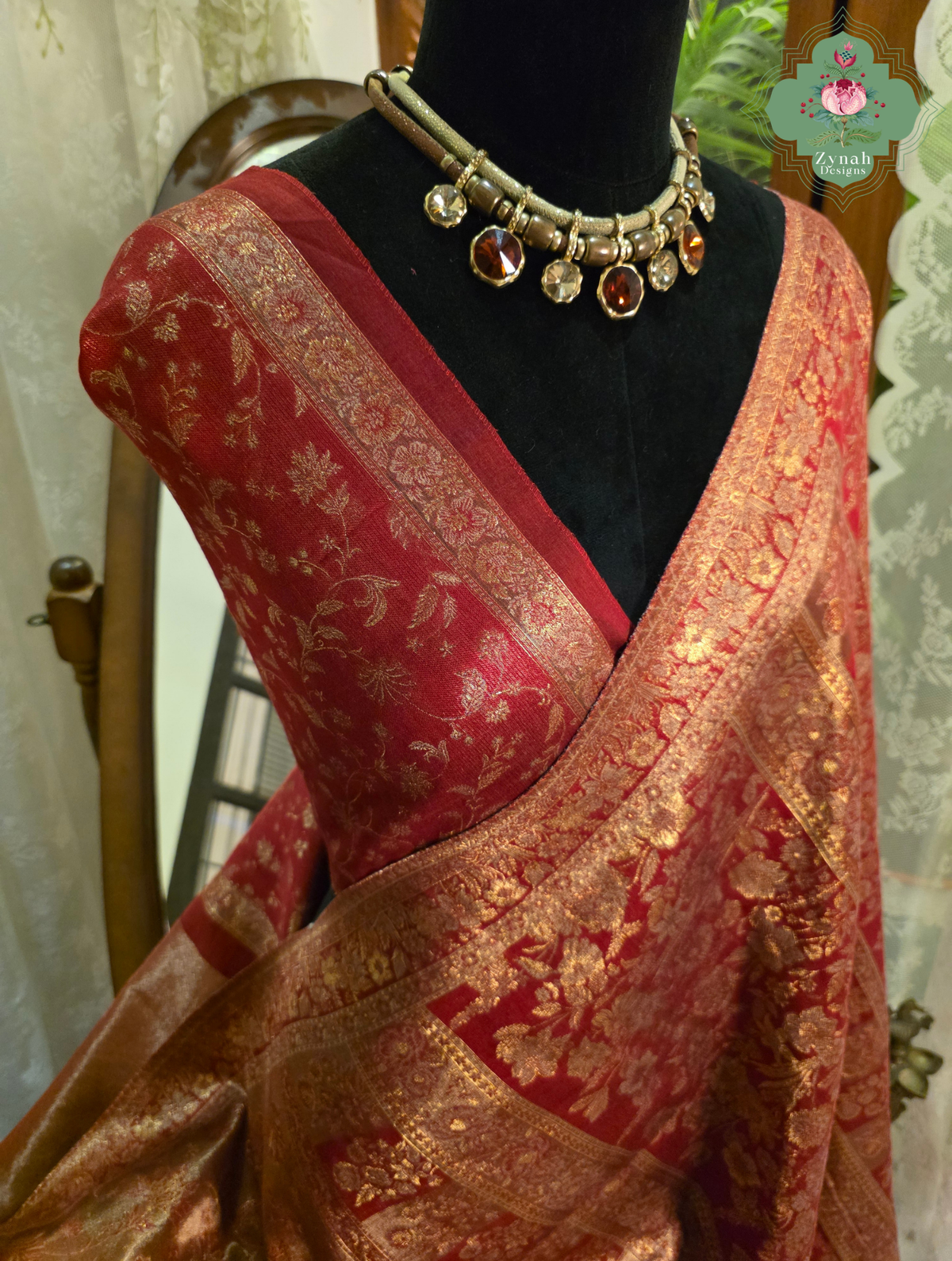 Roshini | Rosewood Red & Antique Gold Kashmiri Pure Kani Tissue Silk Jamavar Weave Saree | Made To Order