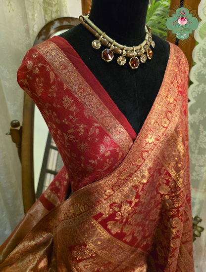 Roshini | Rosewood Red & Antique Gold Kashmiri Pure Kani Tissue Silk Jamavar Weave Saree | Made To Order