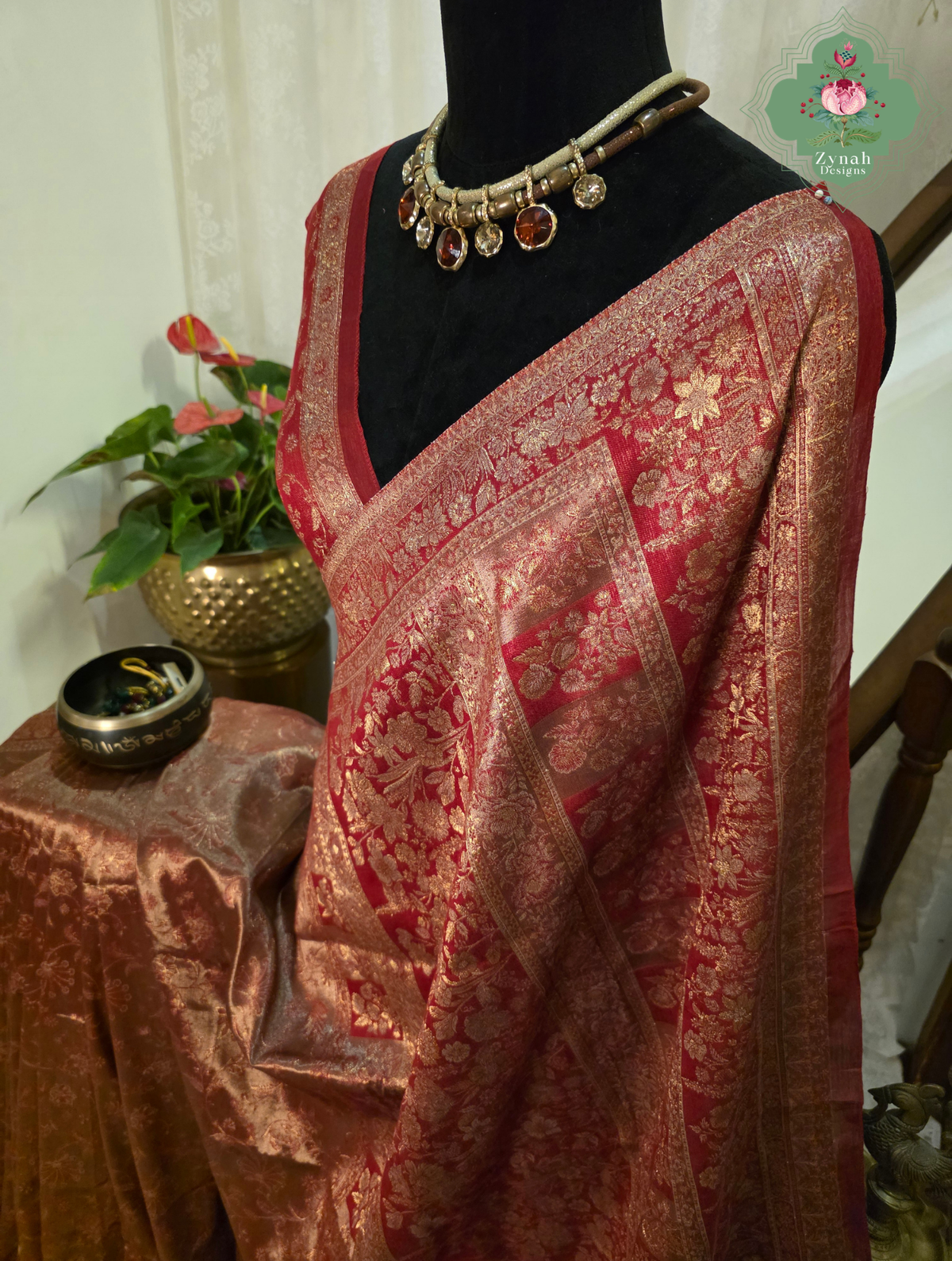Roshini | Rosewood Red & Antique Gold Kashmiri Pure Kani Tissue Silk Jamavar Weave Saree | Made To Order