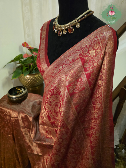 Roshini | Rosewood Red & Antique Gold Kashmiri Pure Kani Tissue Silk Jamavar Weave Saree | Made To Order