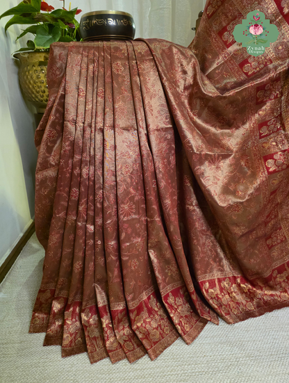 Roshini | Rosewood Red & Antique Gold Kashmiri Pure Kani Tissue Silk Jamavar Weave Saree | Made To Order