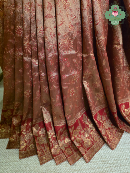 Roshini | Rosewood Red & Antique Gold Kashmiri Pure Kani Tissue Silk Jamavar Weave Saree | Made To Order