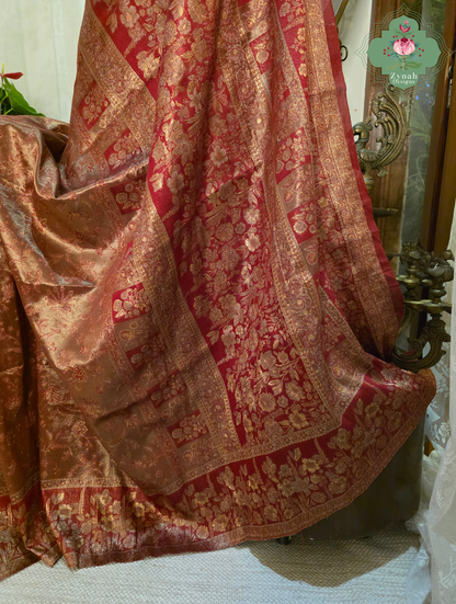 Roshini | Rosewood Red & Antique Gold Kashmiri Pure Kani Tissue Silk Jamavar Weave Saree | Made To Order