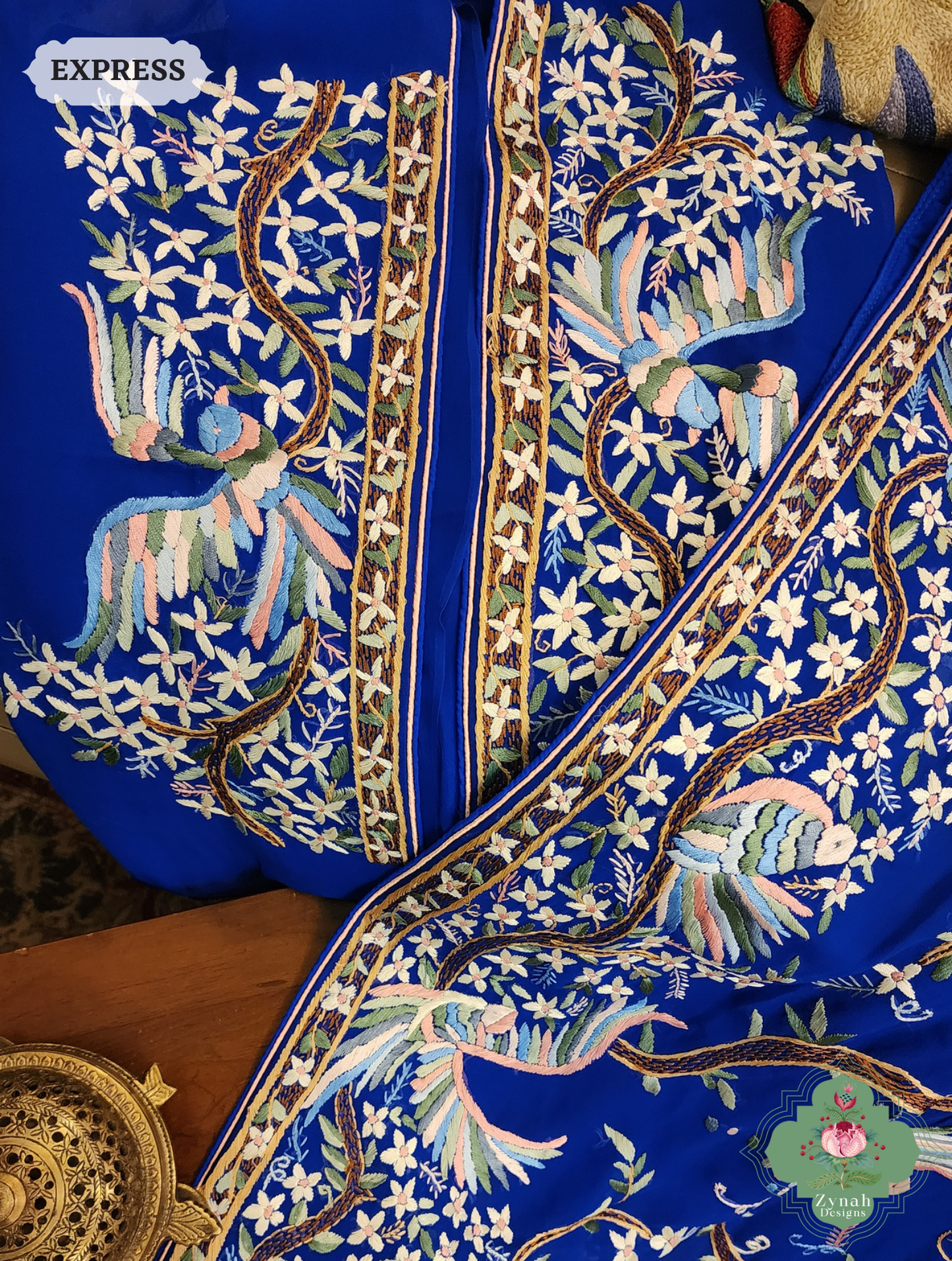 Royal Blue Georgette Hand Embroidered Parsi Gara Saree 11
