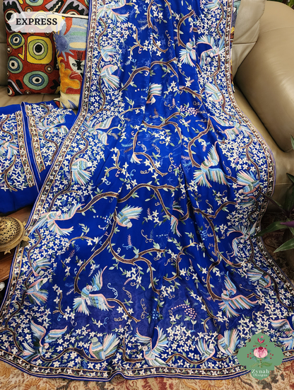 Royal Blue Georgette Hand Embroidered Parsi Gara Saree 8