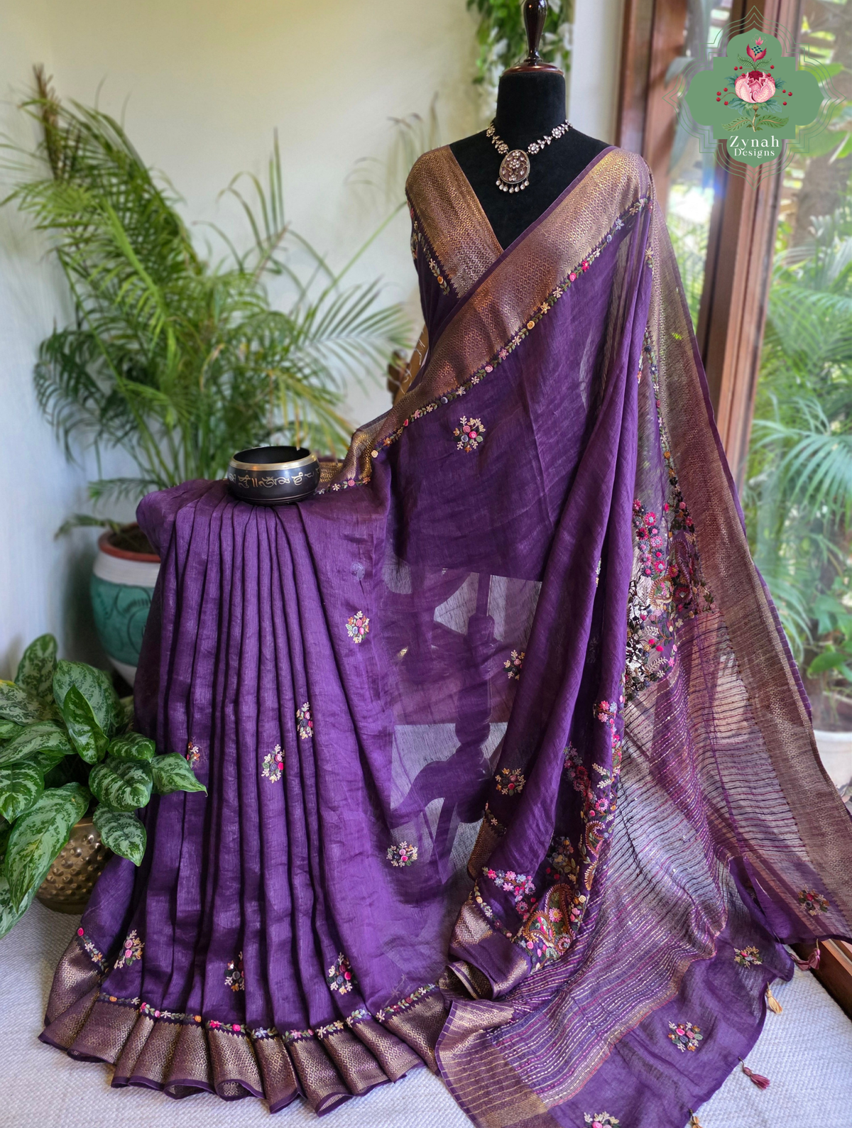 Ruhani | Aubergine Pure Silk Linen Saree With Hand Embroidery