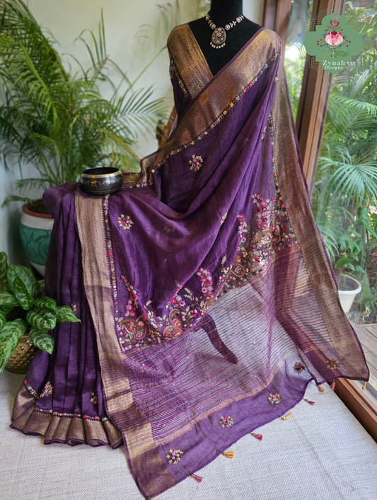 Ruhani | Aubergine Pure Silk Linen Saree With Hand Embroidery
