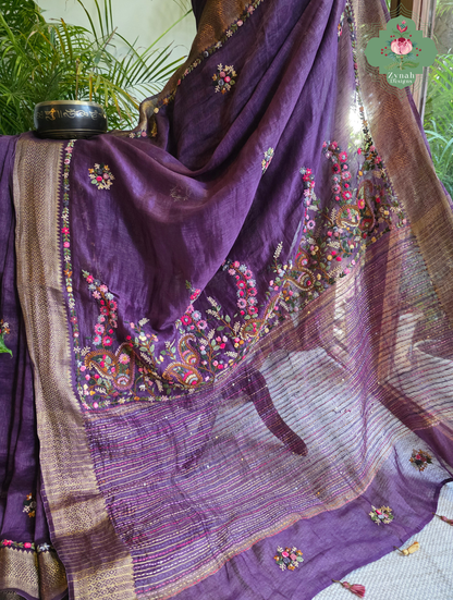 Ruhani | Aubergine Pure Silk Linen Saree With Hand Embroidery