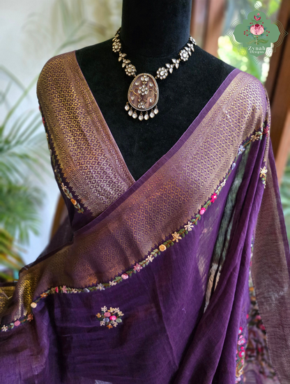 Ruhani | Aubergine Pure Silk Linen Saree With Hand Embroidery