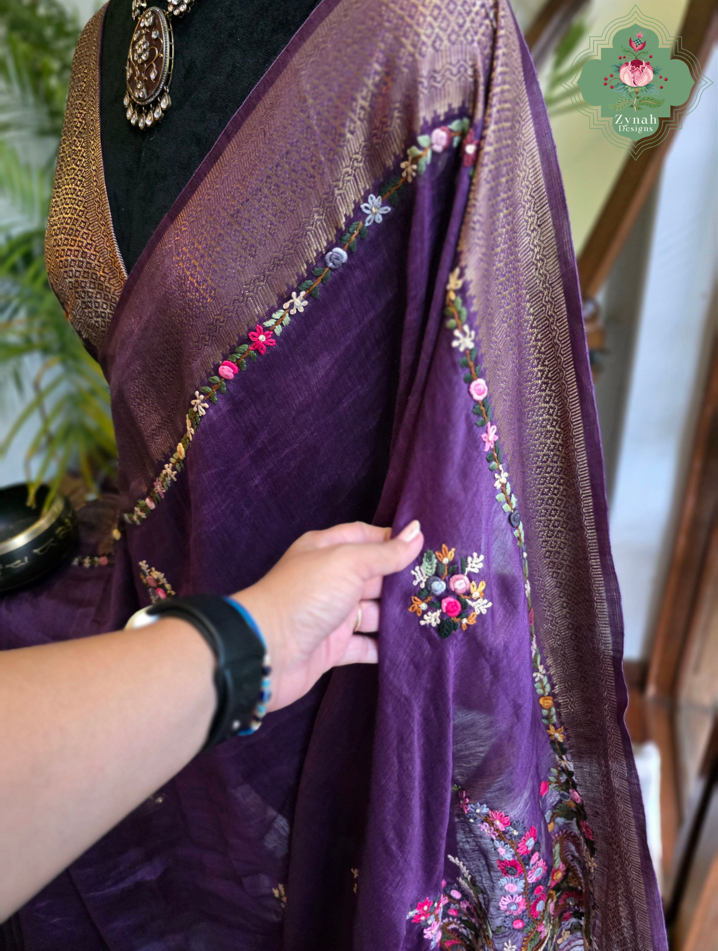 Ruhani | Aubergine Pure Silk Linen Saree With Hand Embroidery