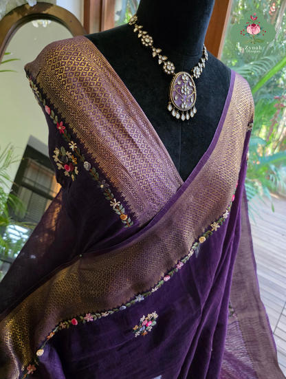 Ruhani | Aubergine Pure Silk Linen Saree With Hand Embroidery