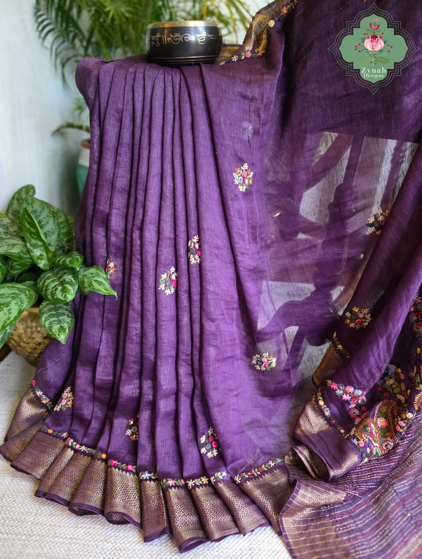 Ruhani | Aubergine Pure Silk Linen Saree With Hand Embroidery