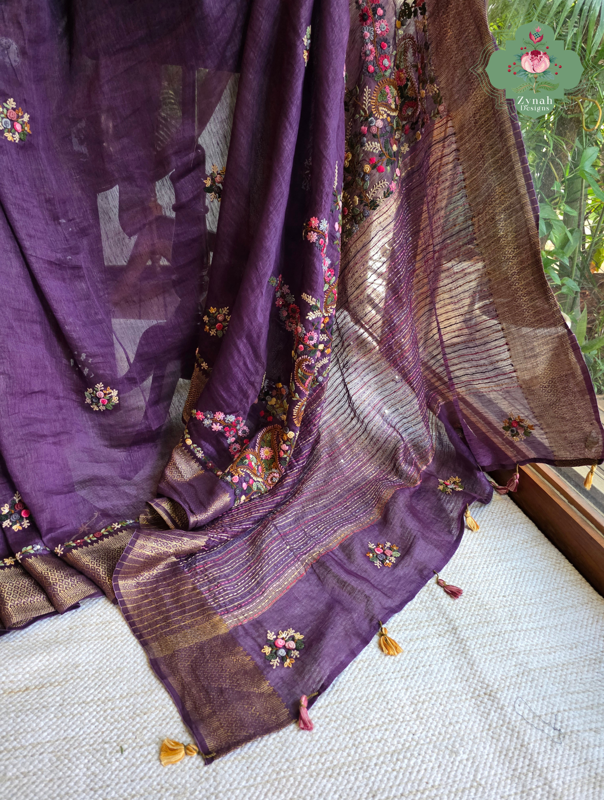 Ruhani | Aubergine Pure Silk Linen Saree With Hand Embroidery