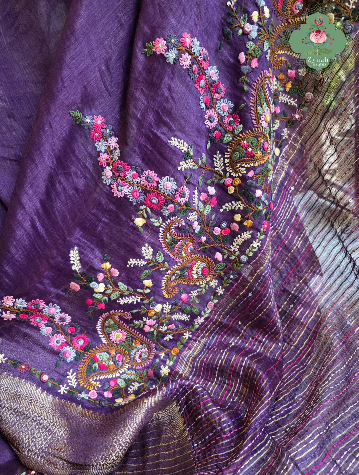 Ruhani | Aubergine Pure Silk Linen Saree With Hand Embroidery