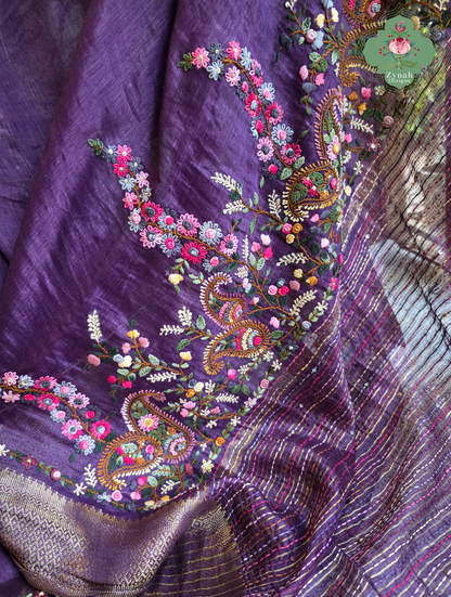 Ruhani | Aubergine Pure Silk Linen Saree With Hand Embroidery