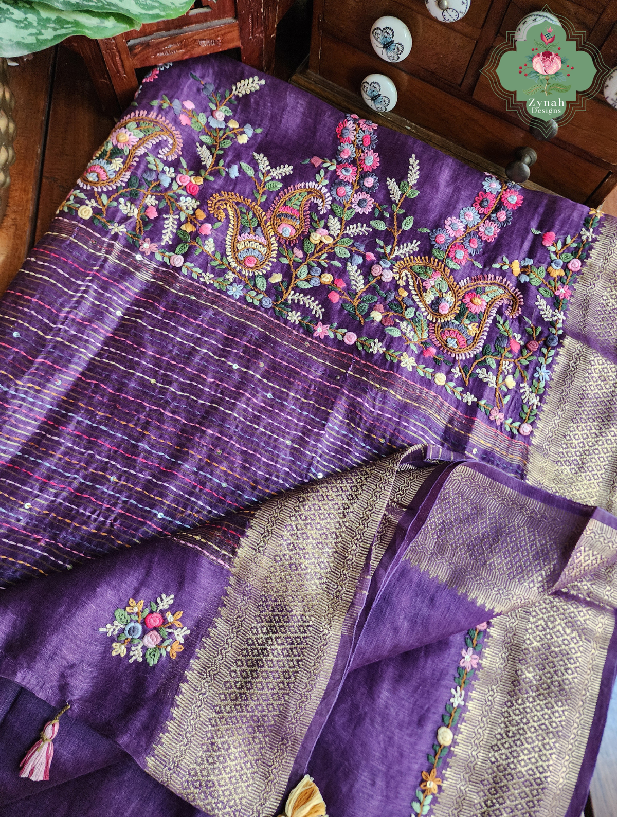 Ruhani | Aubergine Pure Silk Linen Saree With Hand Embroidery