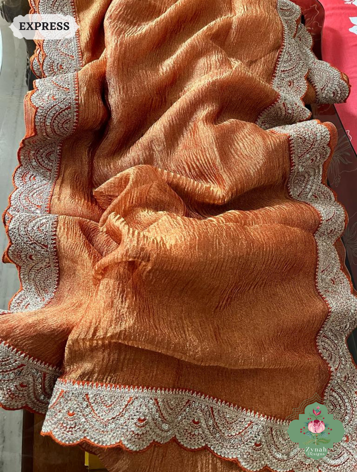 Metallic Rust Crushed Tissue Saree With Scalloped Border 