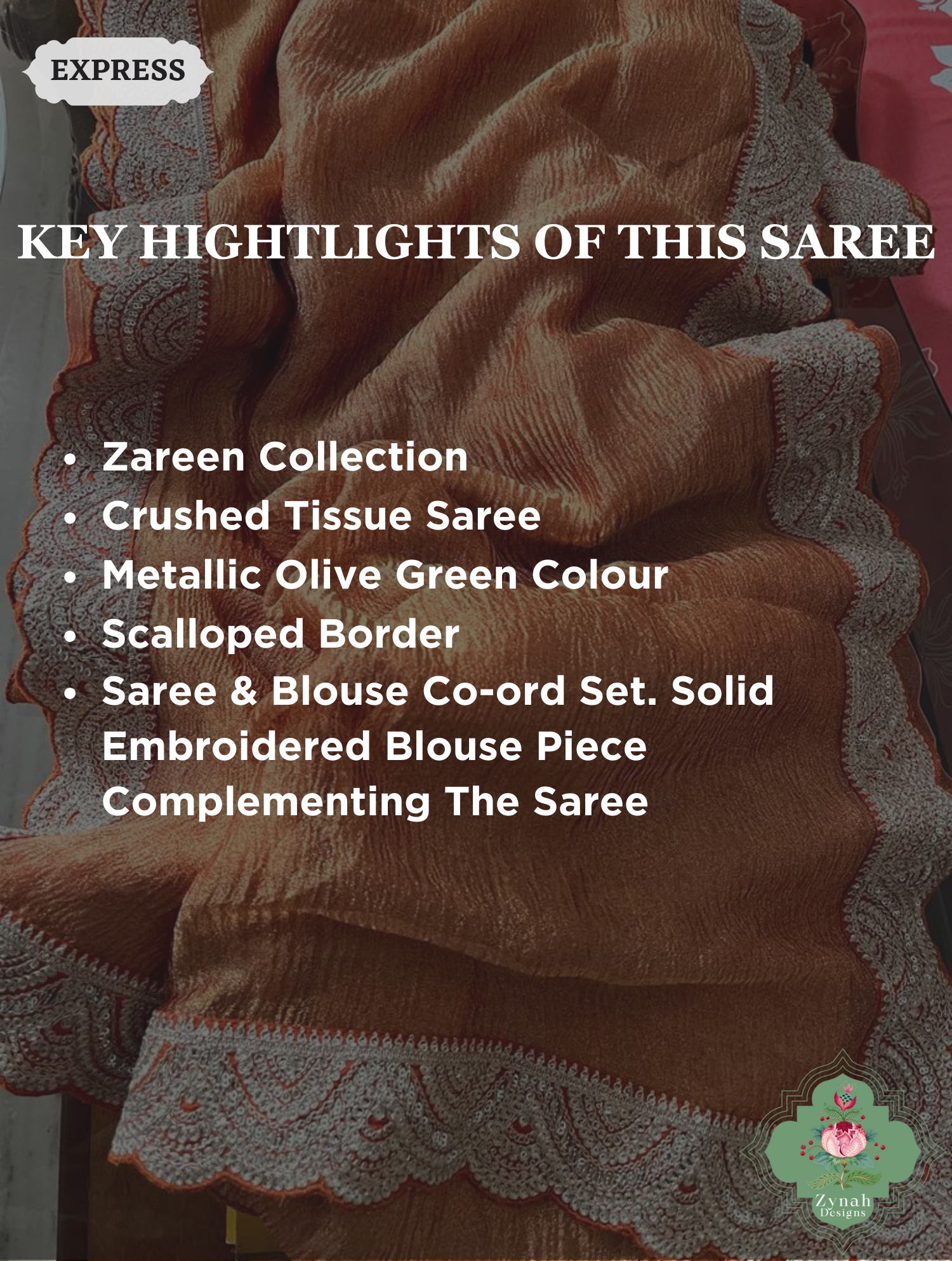 Metallic Rust Crushed Tissue Saree With Scalloped Border 1