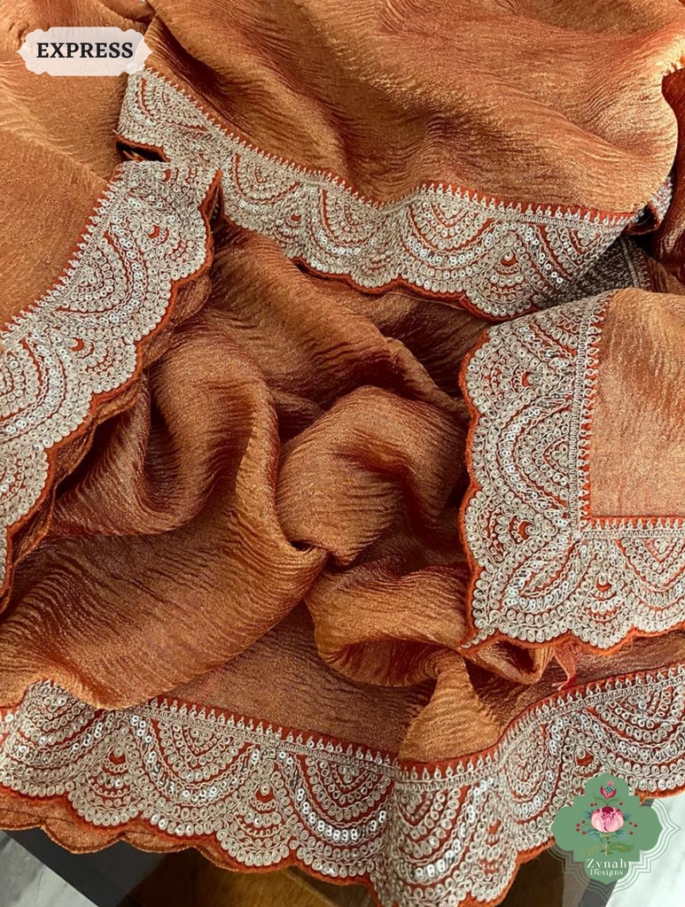 Metallic Rust Crushed Tissue Saree With Scalloped Border 2
