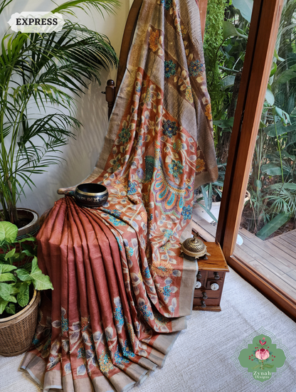 Zynah Rust Hand-Painted Tussar Silk Kalamkari Saree With French Knot & Kantha Hand Embroidery & Sequins Highlight; Custom Stitched/Ready-made Blouse, Fall, Petticoat; SKU: 2805202501