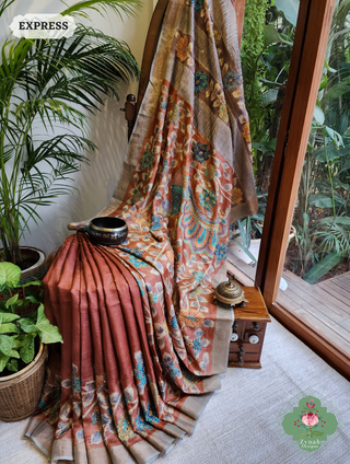 Zynah Rust Hand-Painted Tussar Silk Kalamkari Saree With French Knot & Kantha Hand Embroidery & Sequins Highlight; Custom Stitched/Ready-made Blouse, Fall, Petticoat; SKU: 2805202501