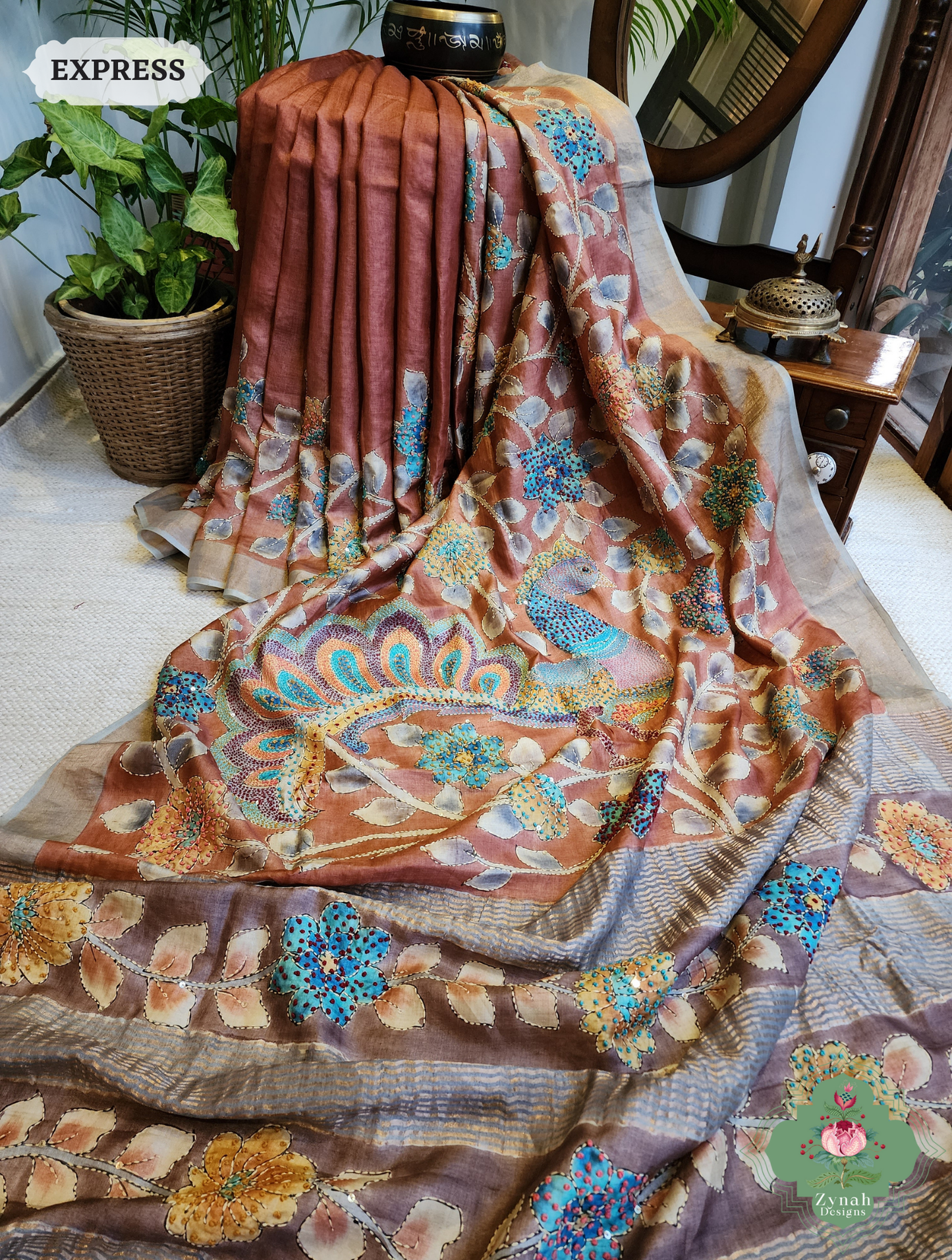 Zynah Rust Hand-Painted Tussar Silk Kalamkari Saree With French Knot & Kantha Hand Embroidery & Sequins Highlight; Custom Stitched/Ready-made Blouse, Fall, Petticoat; SKU: 2805202501