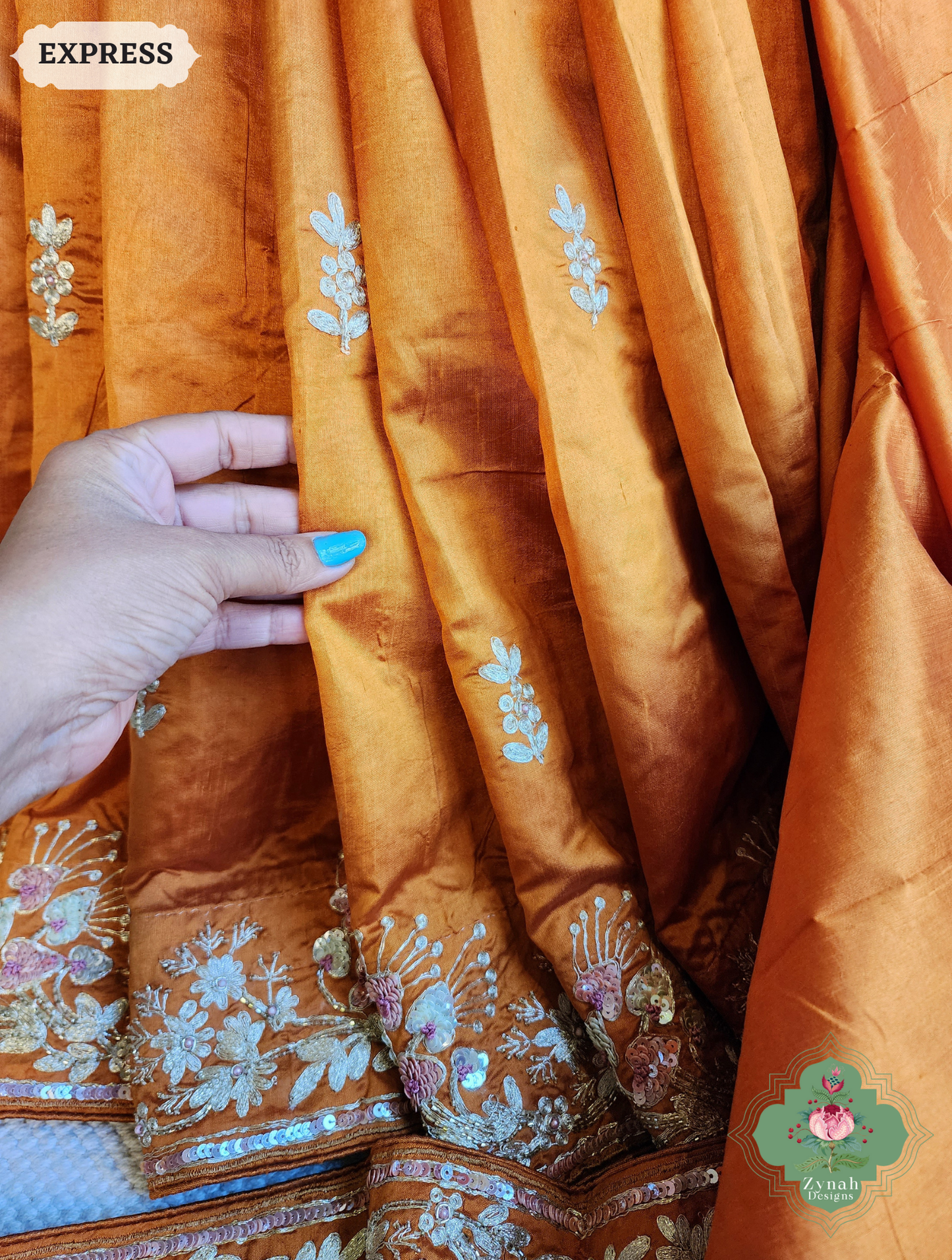 Zynah Rust Orange Pure Bangalori Silk Saree With Hand Embellished Sequins, Pearl & Pita Work; Custom Stitched/Ready-made Blouse, Fall, Petticoat; SKU: 2602202503