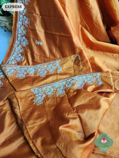 Zynah Rust Orange Pure Bangalori Silk Saree With Hand Embellished Sequins, Pearl & Pita Work; Custom Stitched/Ready-made Blouse, Fall, Petticoat; SKU: 2602202503