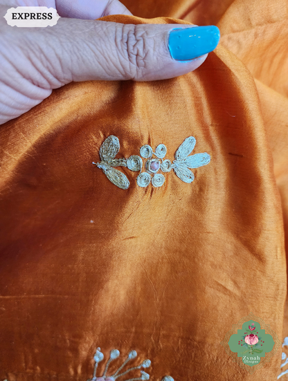 Zynah Rust Orange Pure Bangalori Silk Saree With Hand Embellished Sequins, Pearl & Pita Work; Custom Stitched/Ready-made Blouse, Fall, Petticoat; SKU: 2602202503
