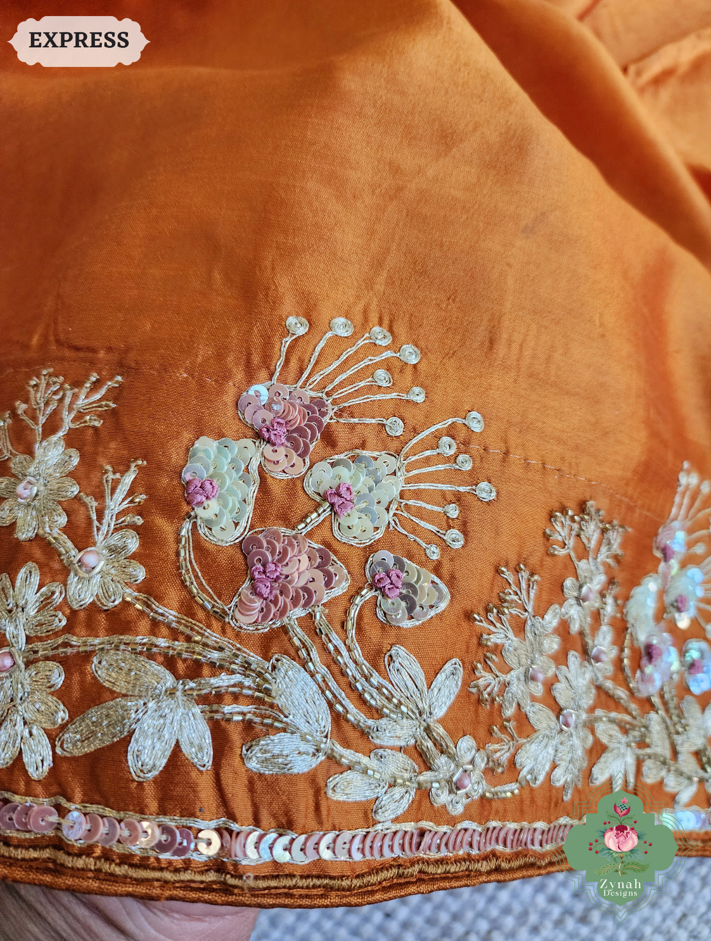 Zynah Rust Orange Pure Bangalori Silk Saree With Hand Embellished Sequins, Pearl & Pita Work; Custom Stitched/Ready-made Blouse, Fall, Petticoat; SKU: 2602202503