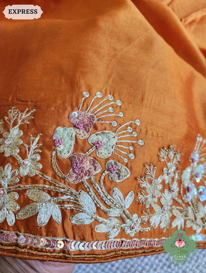 Zynah Rust Orange Pure Bangalori Silk Saree With Hand Embellished Sequins, Pearl & Pita Work; Custom Stitched/Ready-made Blouse, Fall, Petticoat; SKU: 2602202503