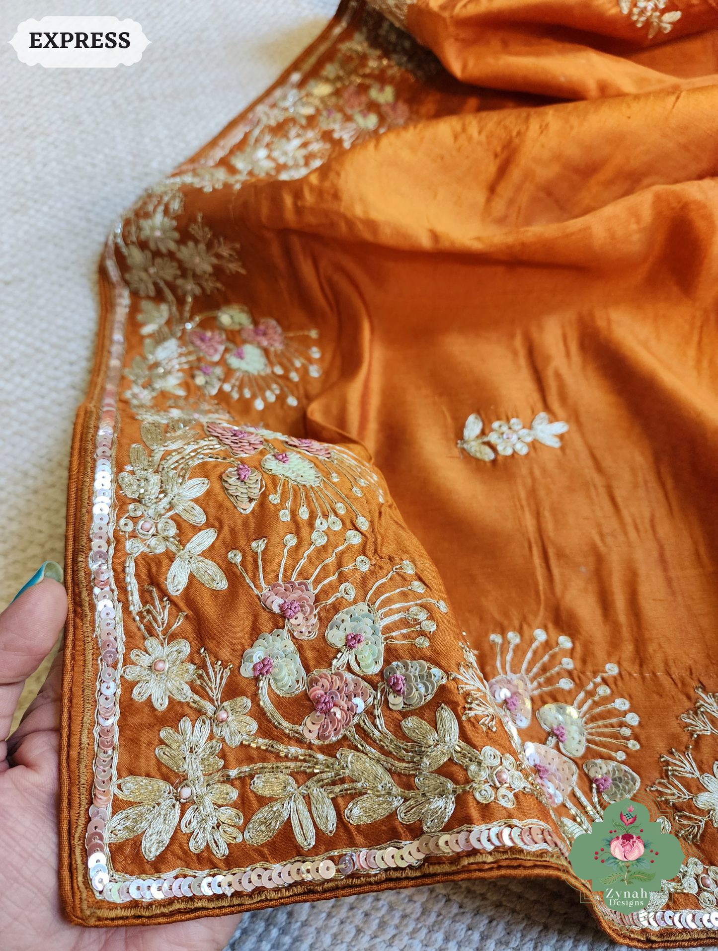 Zynah Rust Orange Pure Bangalori Silk Saree With Hand Embellished Sequins, Pearl & Pita Work; Custom Stitched/Ready-made Blouse, Fall, Petticoat; SKU: 2602202503