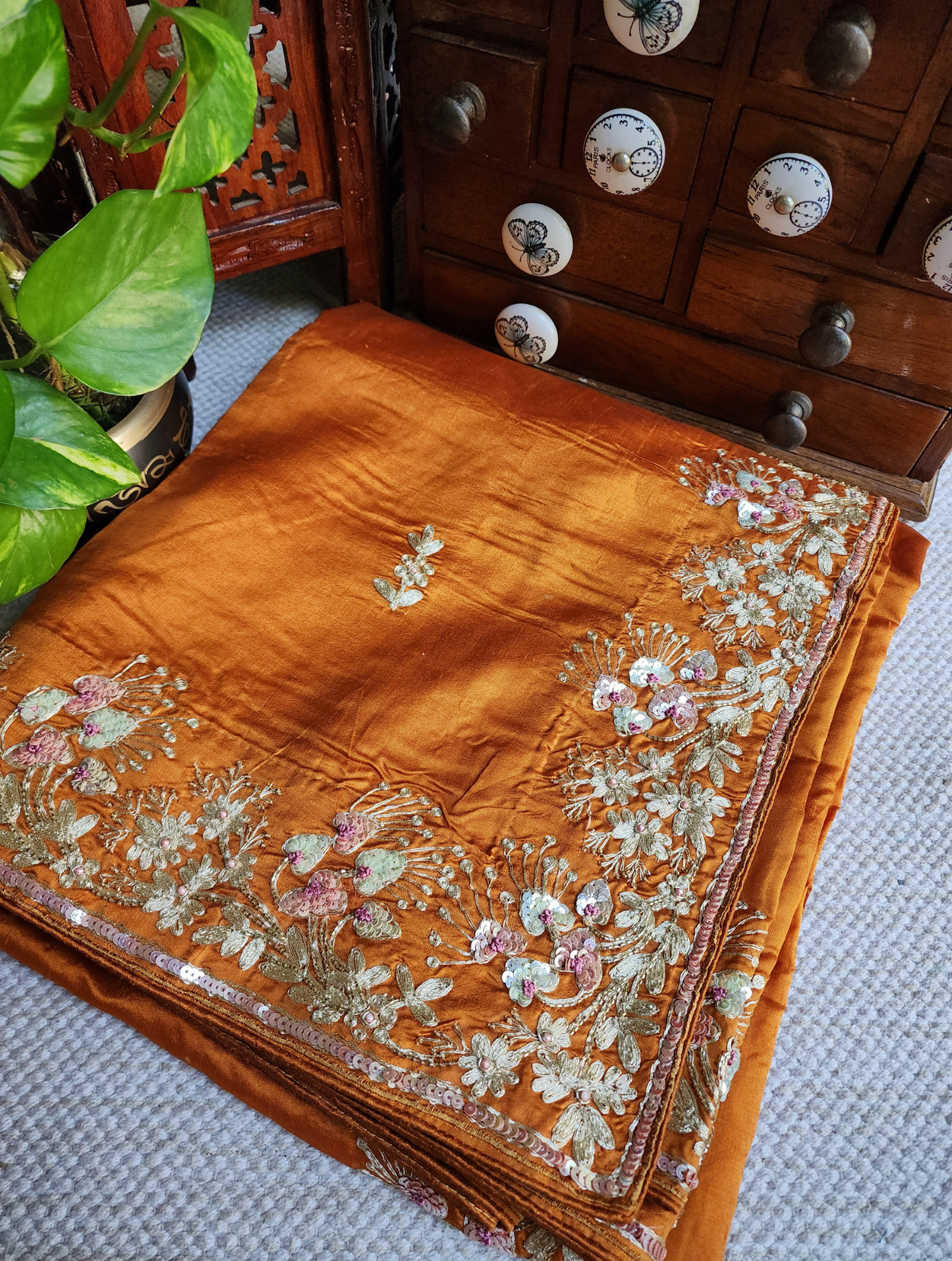 Zynah Rust Orange Pure Bangalori Silk Saree With Hand Embellished Sequins, Pearl & Pita Work; Custom Stitched/Ready-made Blouse, Fall, Petticoat; SKU: 2602202503