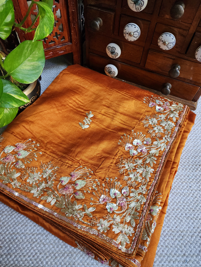 Zynah Rust Orange Pure Bangalori Silk Saree With Hand Embellished Sequins, Pearl & Pita Work; Custom Stitched/Ready-made Blouse, Fall, Petticoat; SKU: 2602202503
