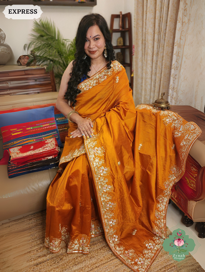 Zynah Rust Orange Pure Bangalori Silk Saree With Hand Embellished Sequins, Pearl & Pita Work; Custom Stitched/Ready-made Blouse, Fall, Petticoat; SKU: 2602202503
