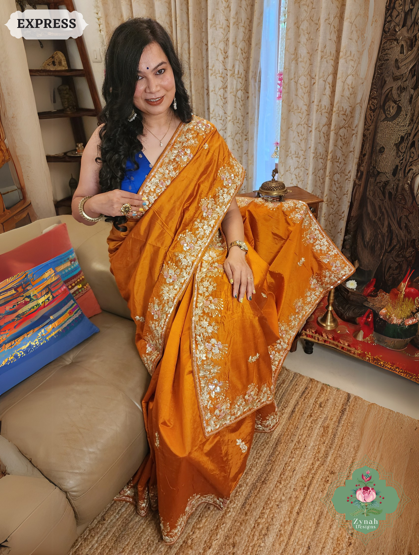 Zynah Rust Orange Pure Bangalori Silk Saree With Hand Embellished Sequins, Pearl & Pita Work; Custom Stitched/Ready-made Blouse, Fall, Petticoat; SKU: 2602202503