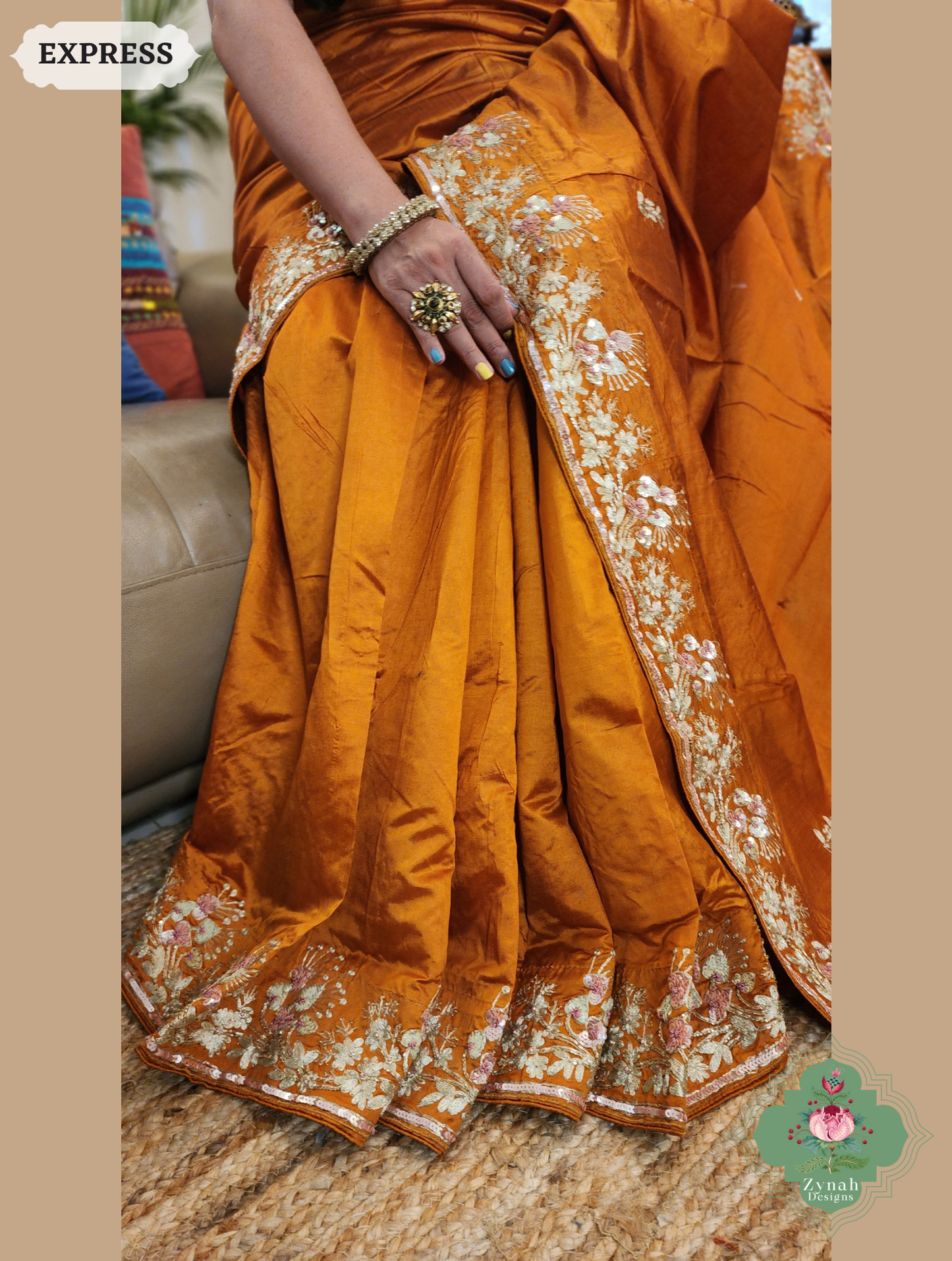 Zynah Rust Orange Pure Bangalori Silk Saree With Hand Embellished Sequins, Pearl & Pita Work; Custom Stitched/Ready-made Blouse, Fall, Petticoat; SKU: 2602202503