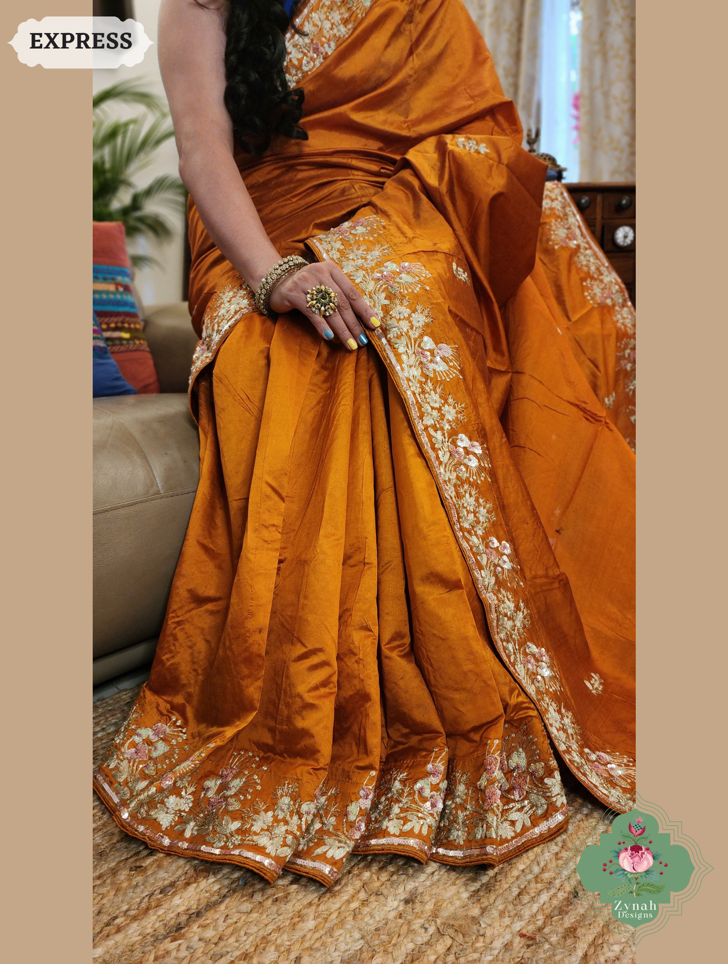 Zynah Rust Orange Pure Bangalori Silk Saree With Hand Embellished Sequins, Pearl & Pita Work; Custom Stitched/Ready-made Blouse, Fall, Petticoat; SKU: 2602202503