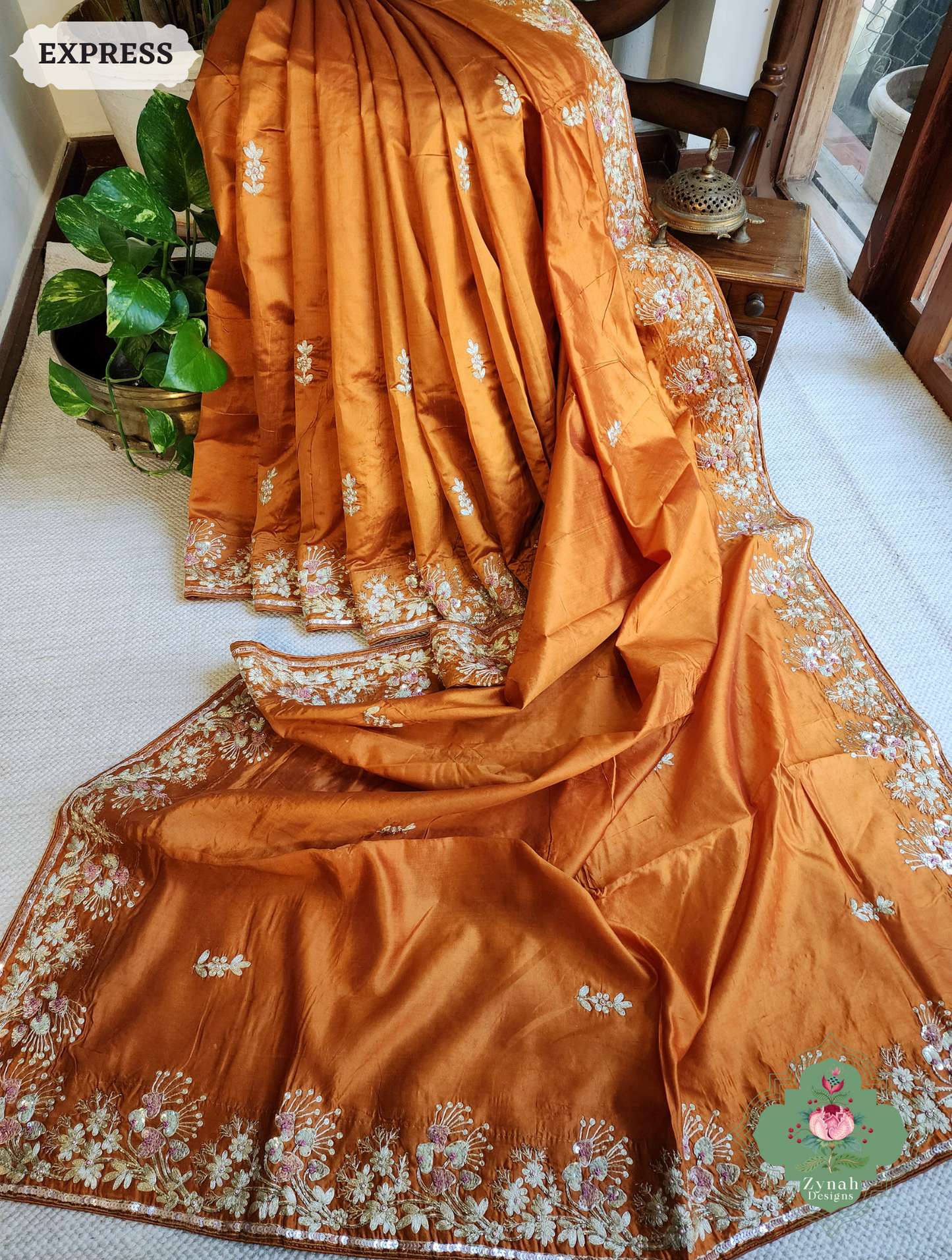 Zynah Rust Orange Pure Bangalori Silk Saree With Hand Embellished Sequins, Pearl & Pita Work; Custom Stitched/Ready-made Blouse, Fall, Petticoat; SKU: 2602202503