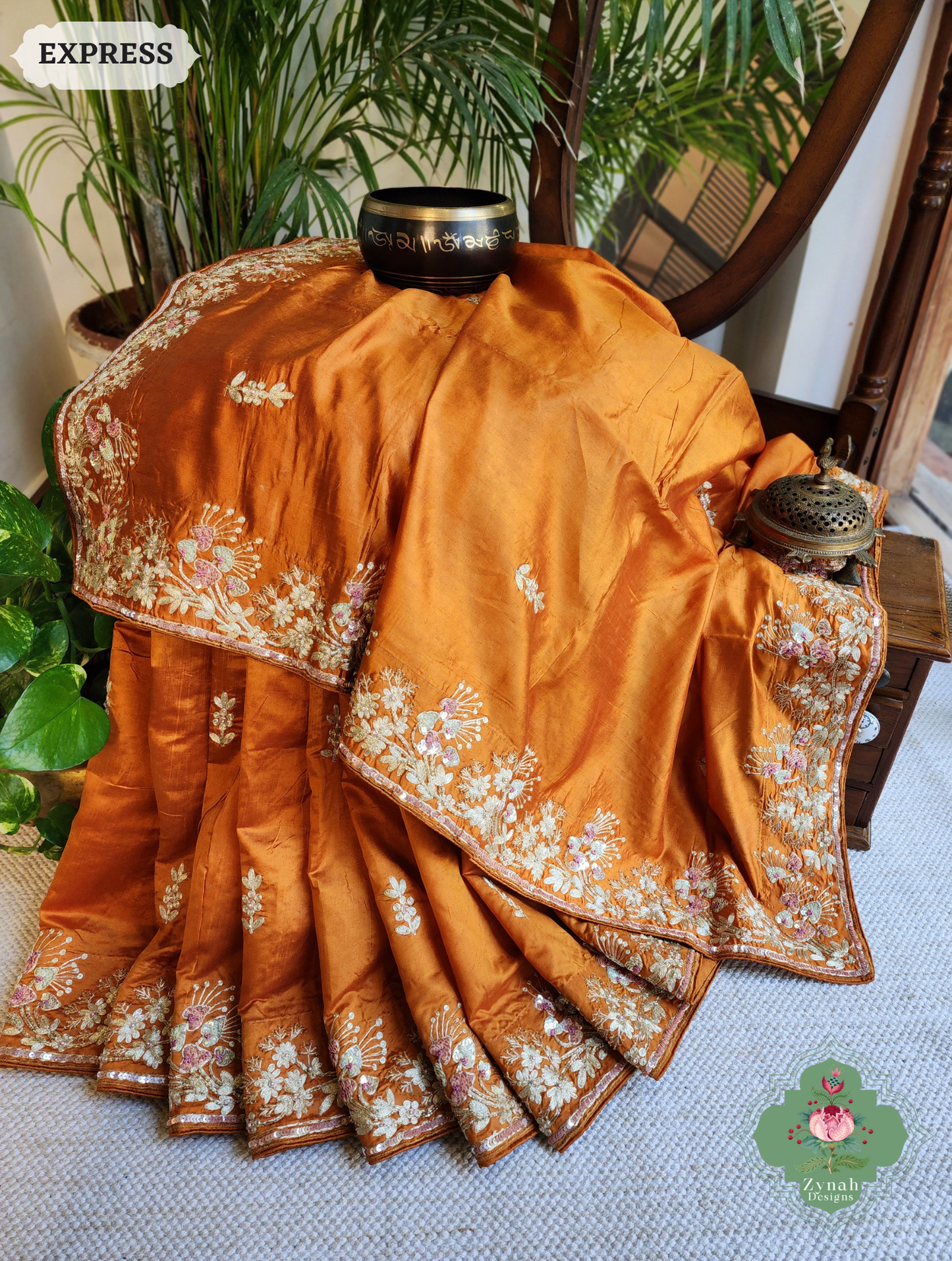 Zynah Rust Orange Pure Bangalori Silk Saree With Hand Embellished Sequins, Pearl & Pita Work; Custom Stitched/Ready-made Blouse, Fall, Petticoat; SKU: 2602202503