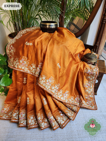Zynah Rust Orange Pure Bangalori Silk Saree With Hand Embellished Sequins, Pearl & Pita Work; Custom Stitched/Ready-made Blouse, Fall, Petticoat; SKU: 2602202503