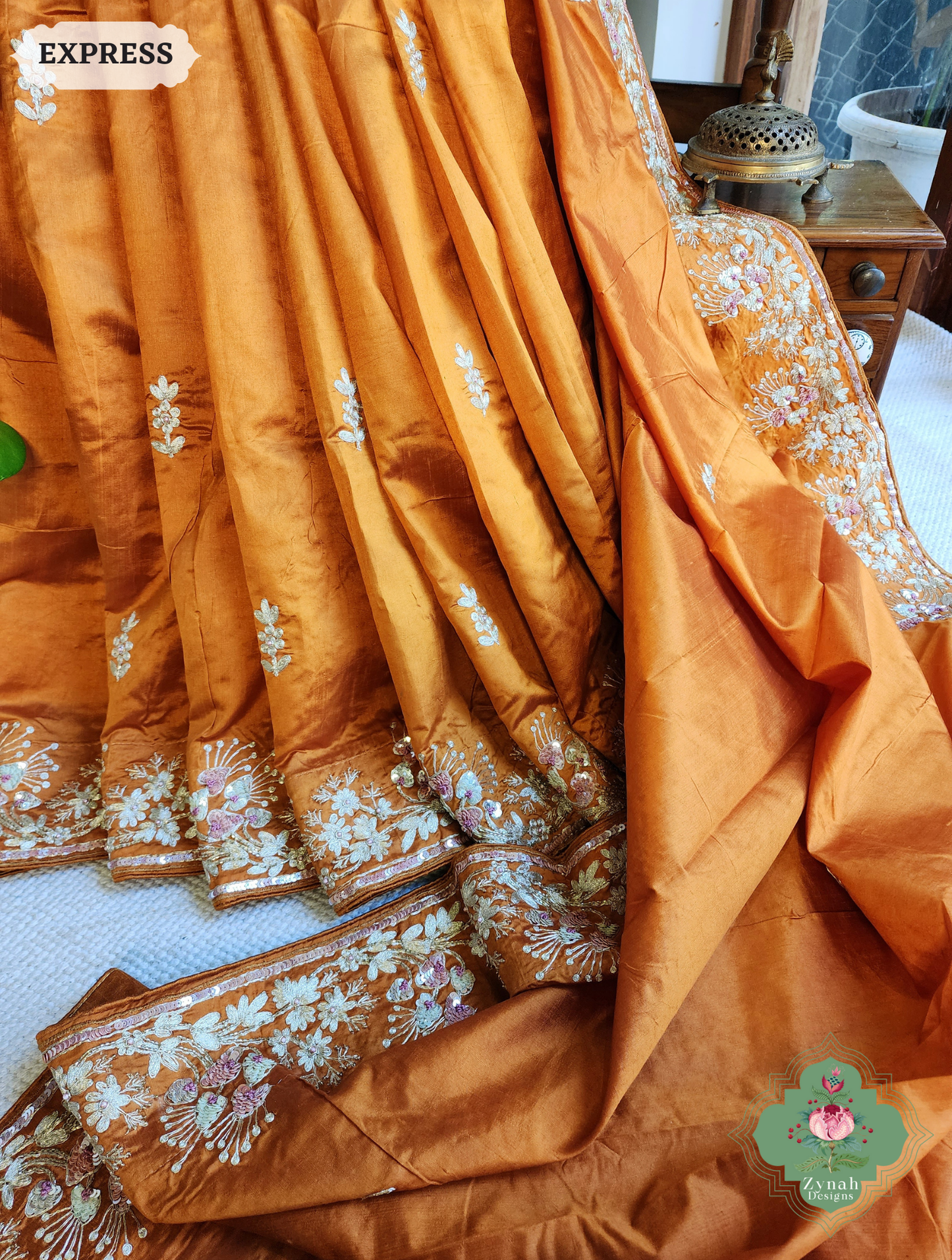 Zynah Rust Orange Pure Bangalori Silk Saree With Hand Embellished Sequins, Pearl & Pita Work; Custom Stitched/Ready-made Blouse, Fall, Petticoat; SKU: 2602202503