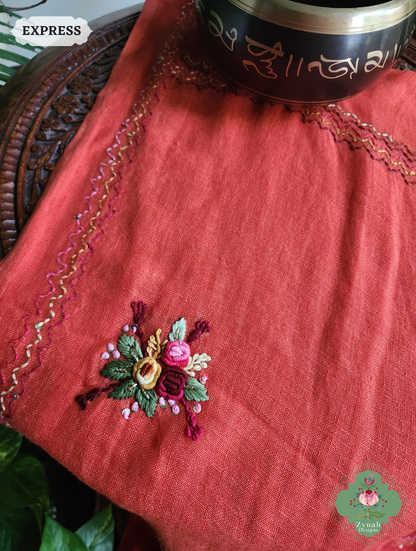 Rust Organic Linen Saree With French Knot Hand Embroidery 11