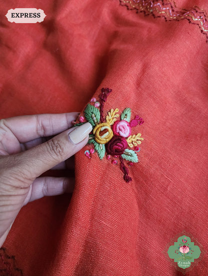 Rust Organic Linen Saree With French Knot Hand Embroidery 14